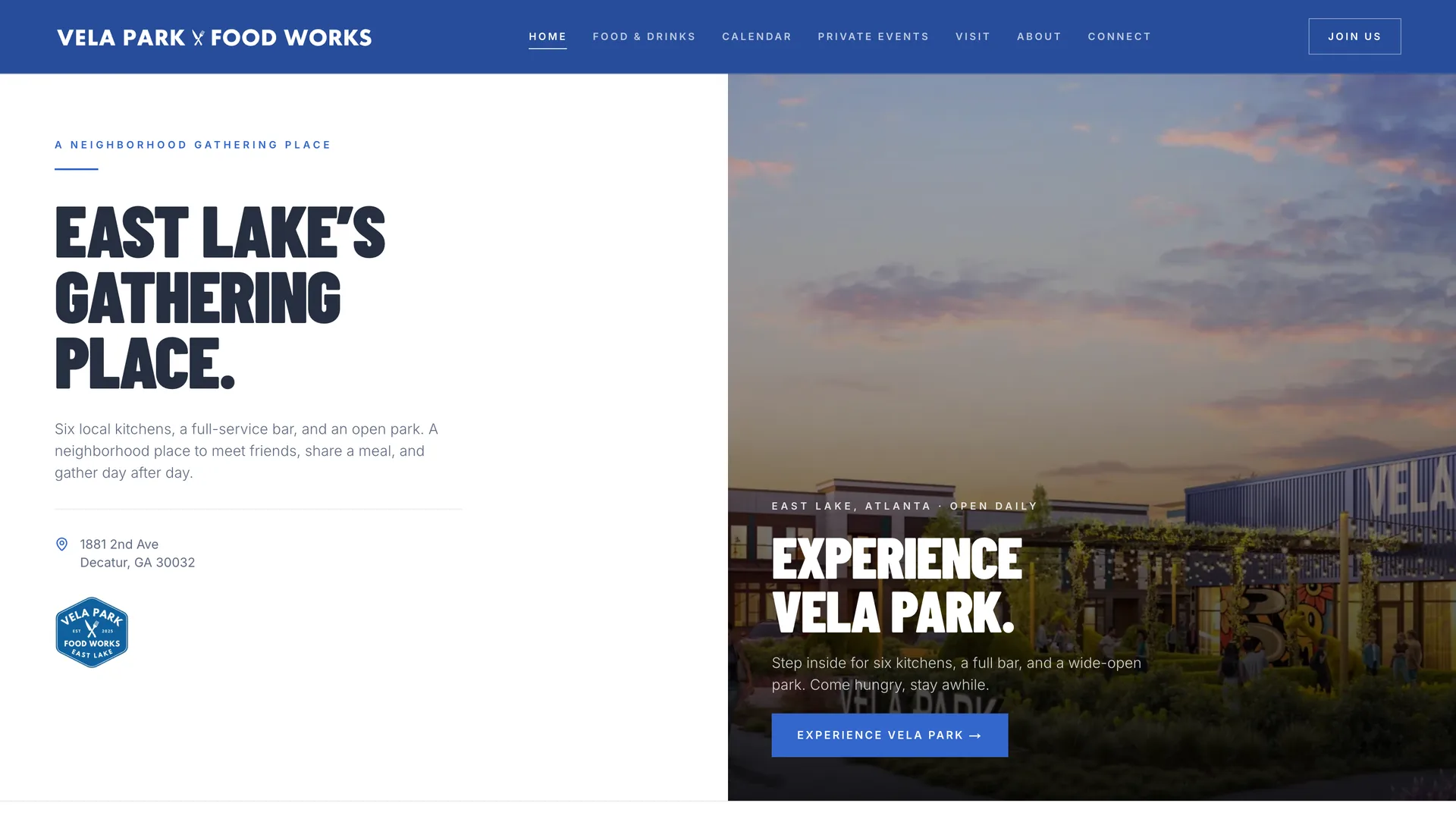 El sitio de Vela Park Food Works, página de inicio